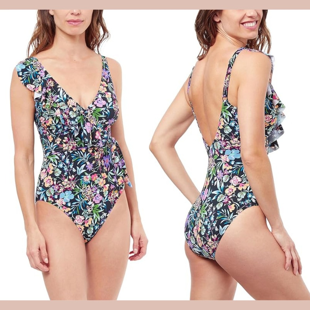 NWT $154 Profile By Gottex [ 10 US ] Flora V-Neck Surplice Ruffle One Piece 6948